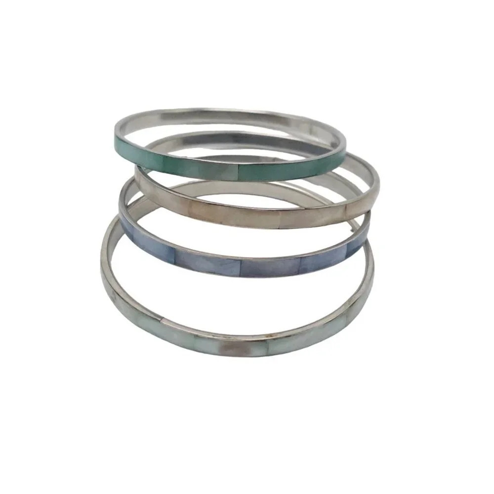 Set of 4 Mother of Pearl Bangle Bracelet Multicolor Silver Tone Vintage BOHO